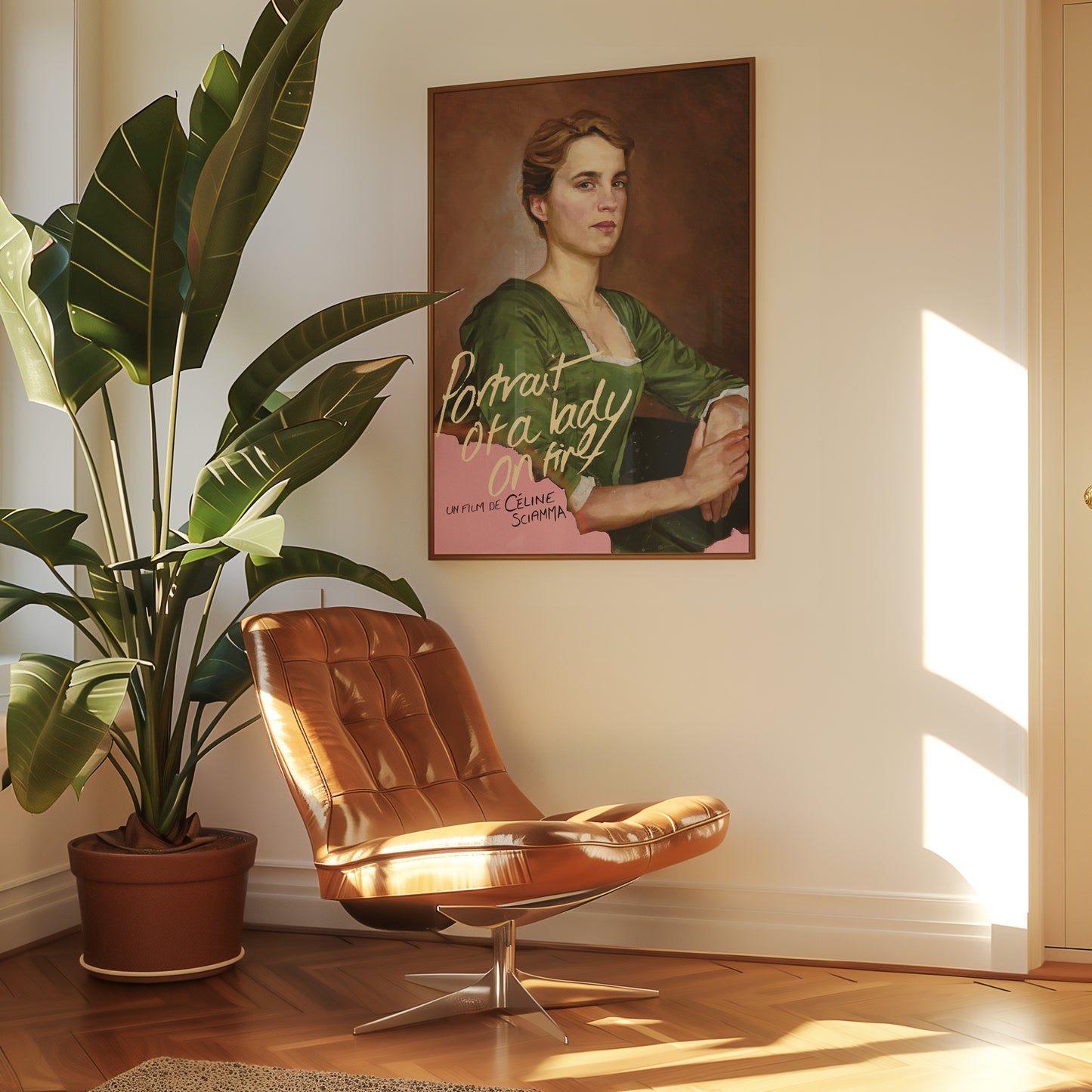Brown leather chair next to a potted plant with a framed portrait on the wall.