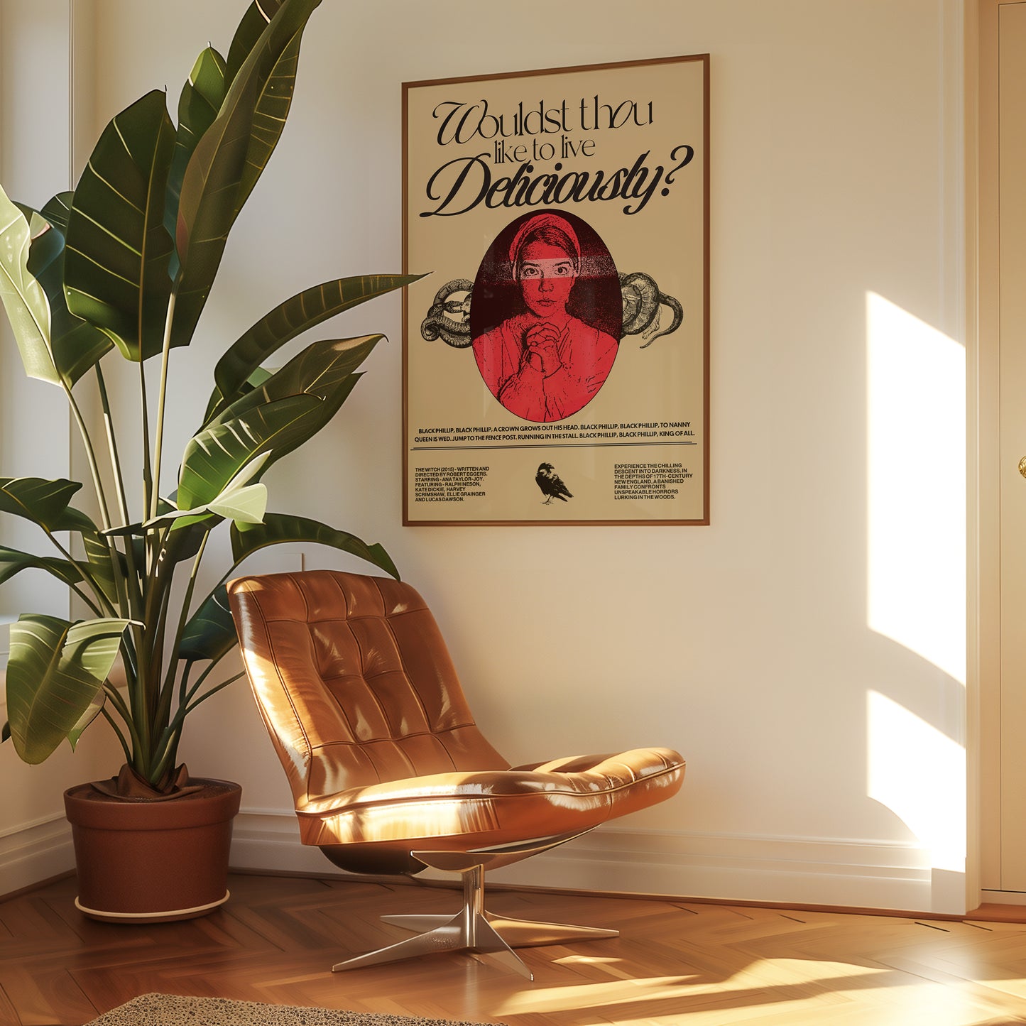 Brown leather chair next to a potted plant with a framed poster on the wall.