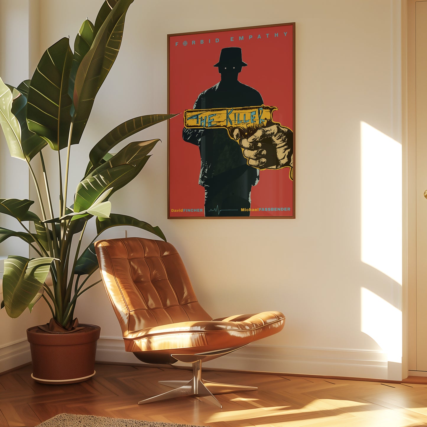 Poster of a silhouette holding a gun on a red background in a room with a brown chair and plant.