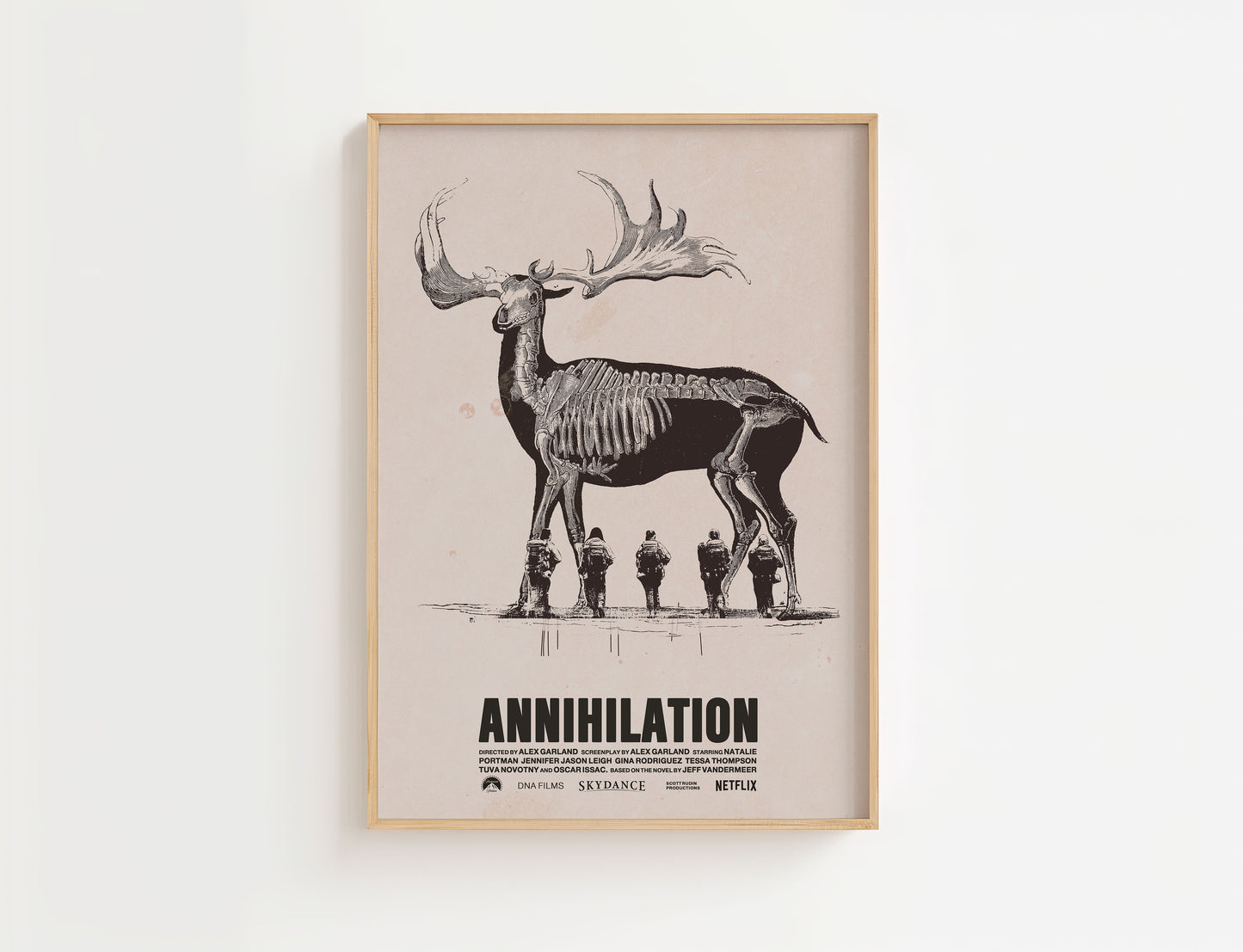 Framed movie poster of 'Annihilation' with a moose skeleton illustration on a white background
