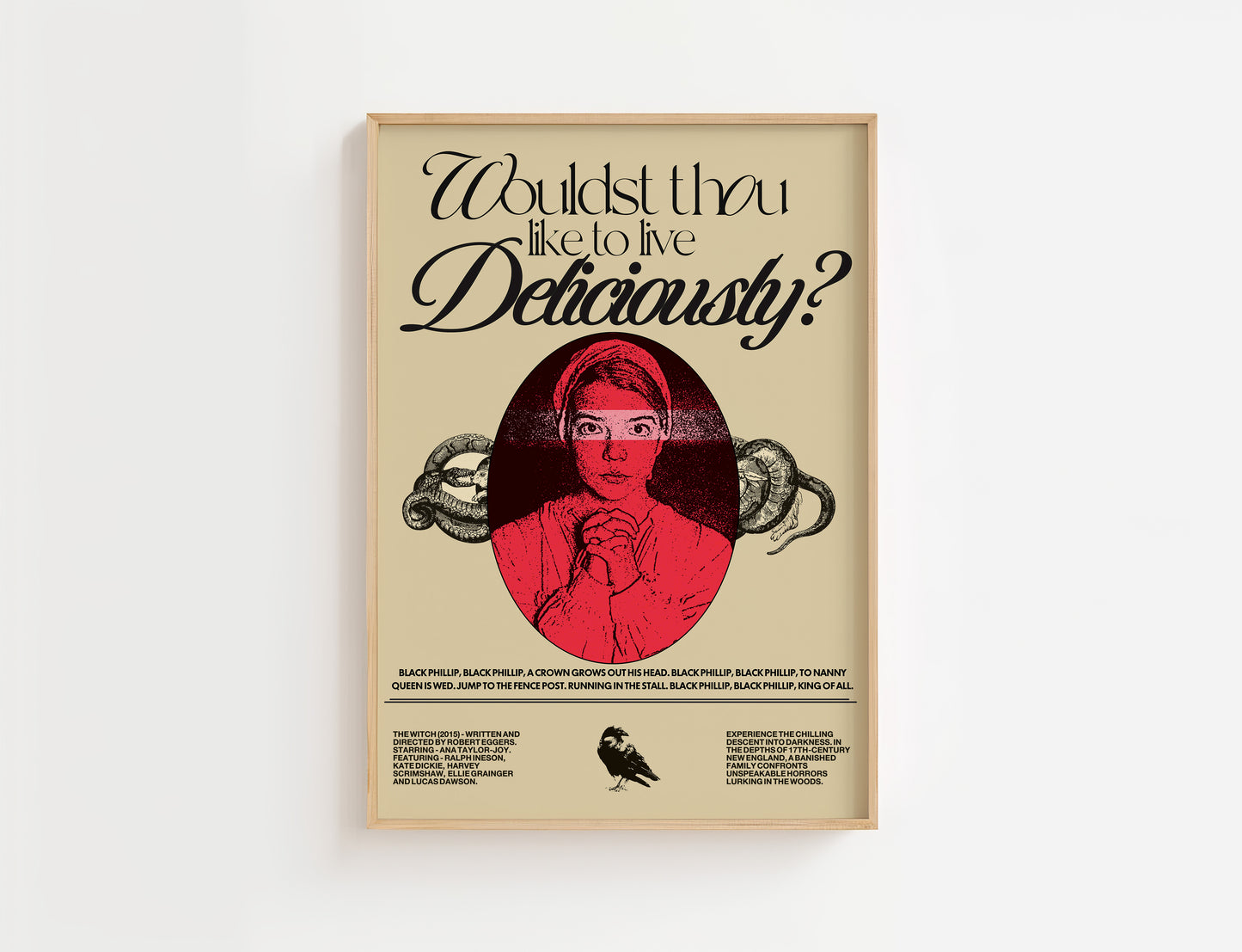 Poster with text 'Wouldst thou like to live Deliciously?' and a stylized illustration of a person on a beige background.