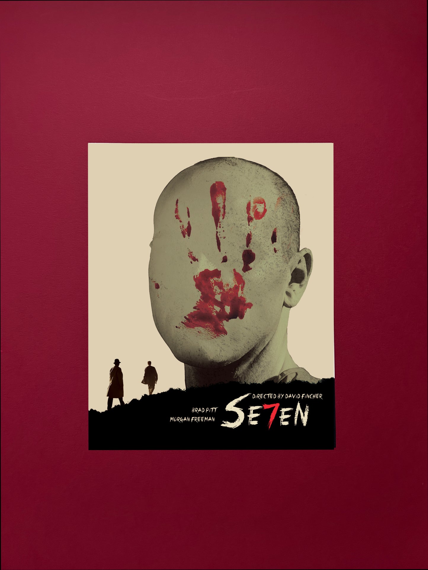 Movie poster for 'Seven' with a stylized image of a bald head with red markings on a red background. This limited edition Se7en print pack is a tribute to David Fincher’s iconic masterpiece. Each set includes three fine art prints, a seven mini print booklet, a small metronome card and a collector’s sticker. This is all handmade and printed by myself.