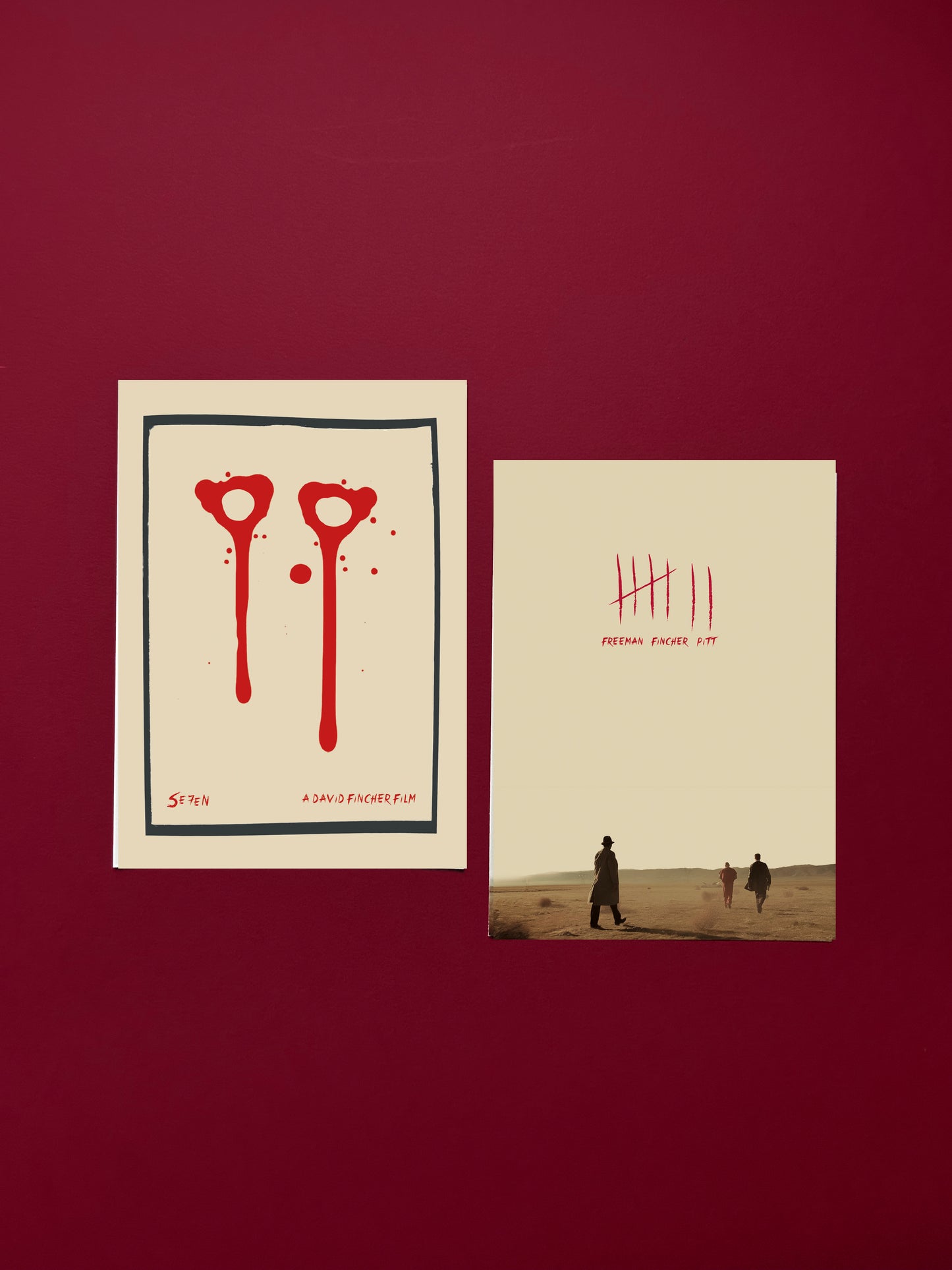Two artistic prints on a red background, one with abstract design and the other with a desert scene. This limited edition Se7en print pack is a tribute to David Fincher’s iconic masterpiece. Each set includes three fine art prints, a seven mini print booklet, a small metronome card and a collector’s sticker. This is all handmade and printed by myself.