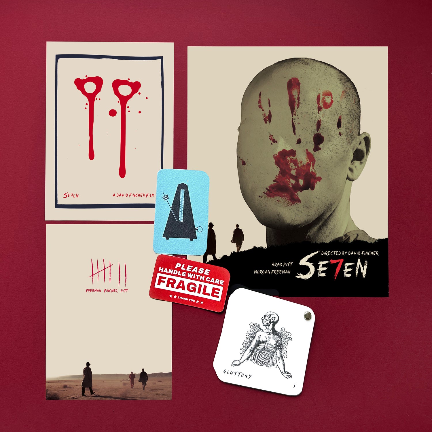 Collection of graphic design prints with abstract art and text on a red background This limited edition Se7en print pack is a tribute to David Fincher’s iconic masterpiece. Each set includes three fine art prints, a seven mini print booklet, a small metronome card and a collector’s sticker. This is all handmade and printed by myself.