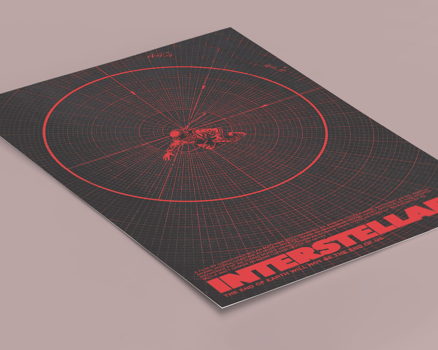 Futuristic map with red grid lines and 'Interstellar' branding on a gray background