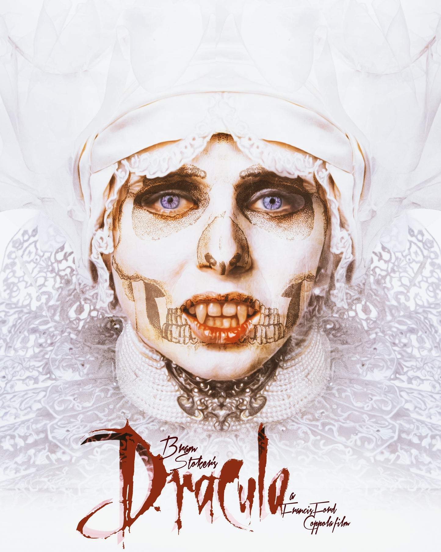 A printed poster featuring a stylized woman with white makeup and blue eyes, resembling a vampire, with the title 'Dracula' written prominently at the bottom.