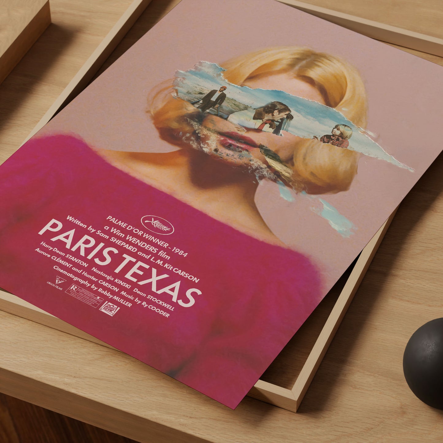 Poster of 1984 movie Paris, Texas. Wim Wender's movie Paris Texas movie print. With a woman's face and landscape elements on a pink background.