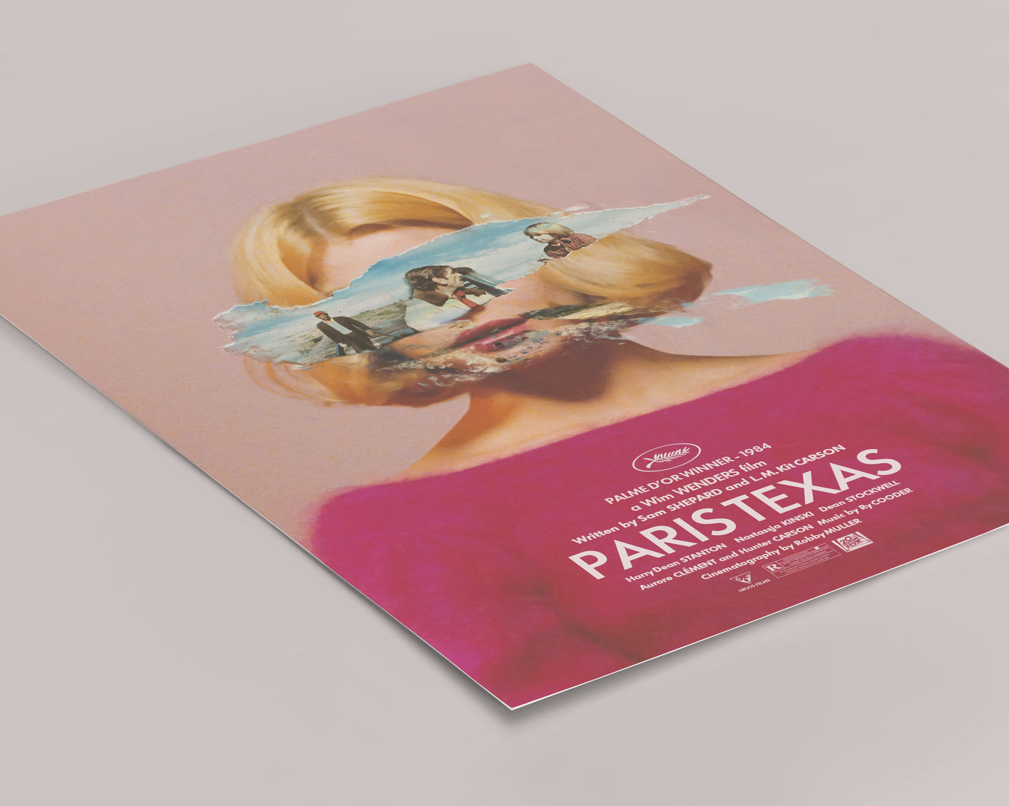 Poster of 1984 movie Paris, Texas. Wim Wender's movie Paris Texas movie print. With a woman's face and landscape elements on a pink background.