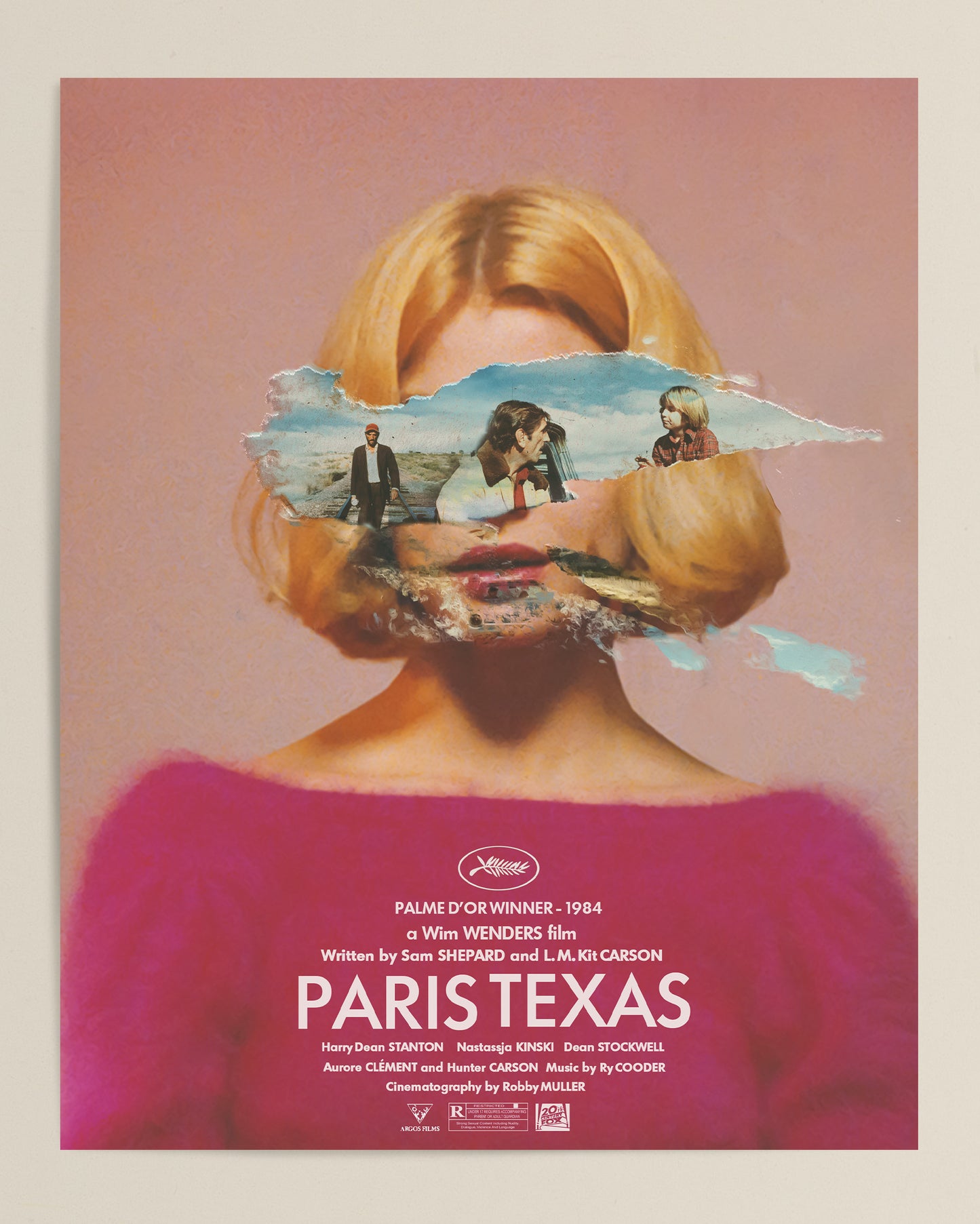 Poster of 1984 movie Paris, Texas. Wim Wender's movie Paris Texas movie print. With a woman's face and landscape elements on a pink background.