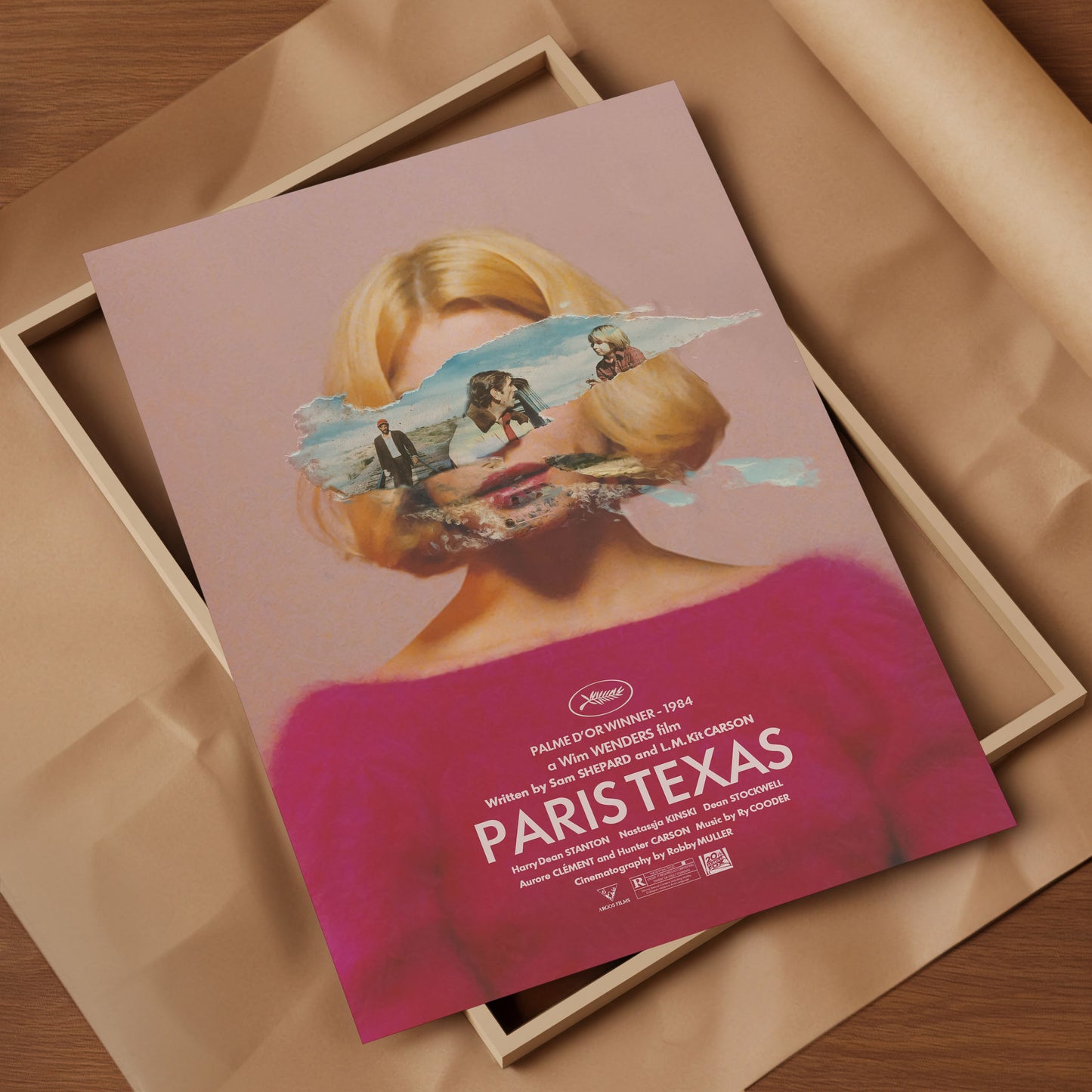 Poster of 1984 movie Paris, Texas. Wim Wender's movie Paris Texas movie print. With a woman's face and landscape elements on a pink background.