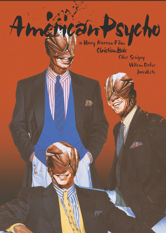 Movie poster for 'American Psycho' with three characters wearing masks against a red background.