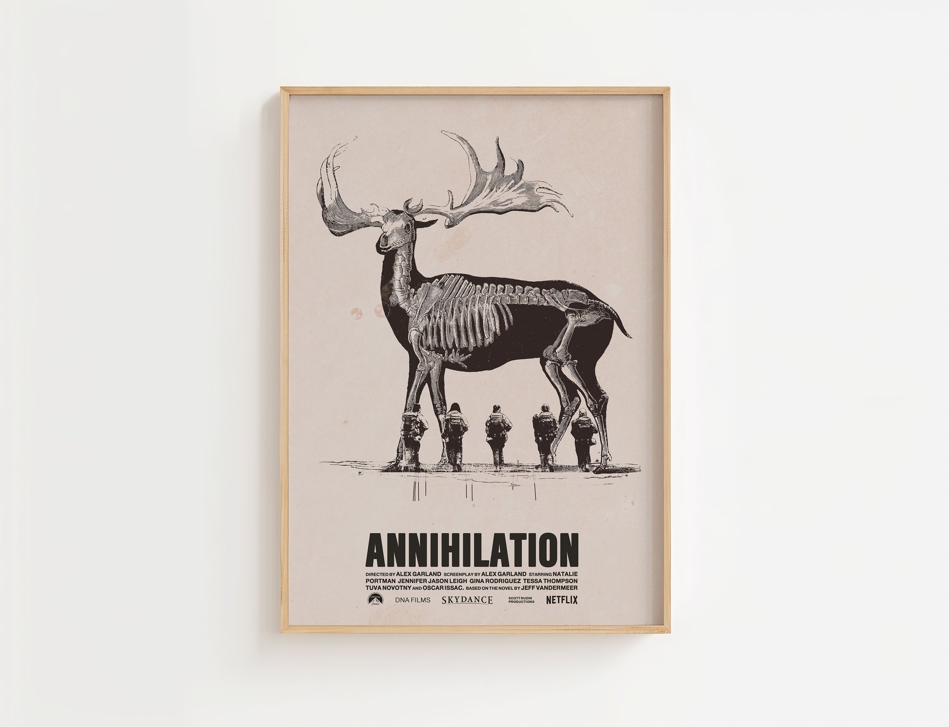 Framed movie poster of 'Annihilation' with a moose skeleton illustration on a white background