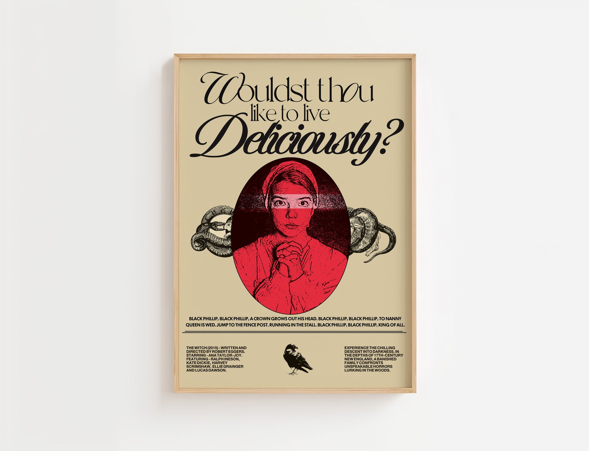 Poster with text 'Wouldst thou like to live Deliciously?' and a stylized illustration of a person on a beige background.