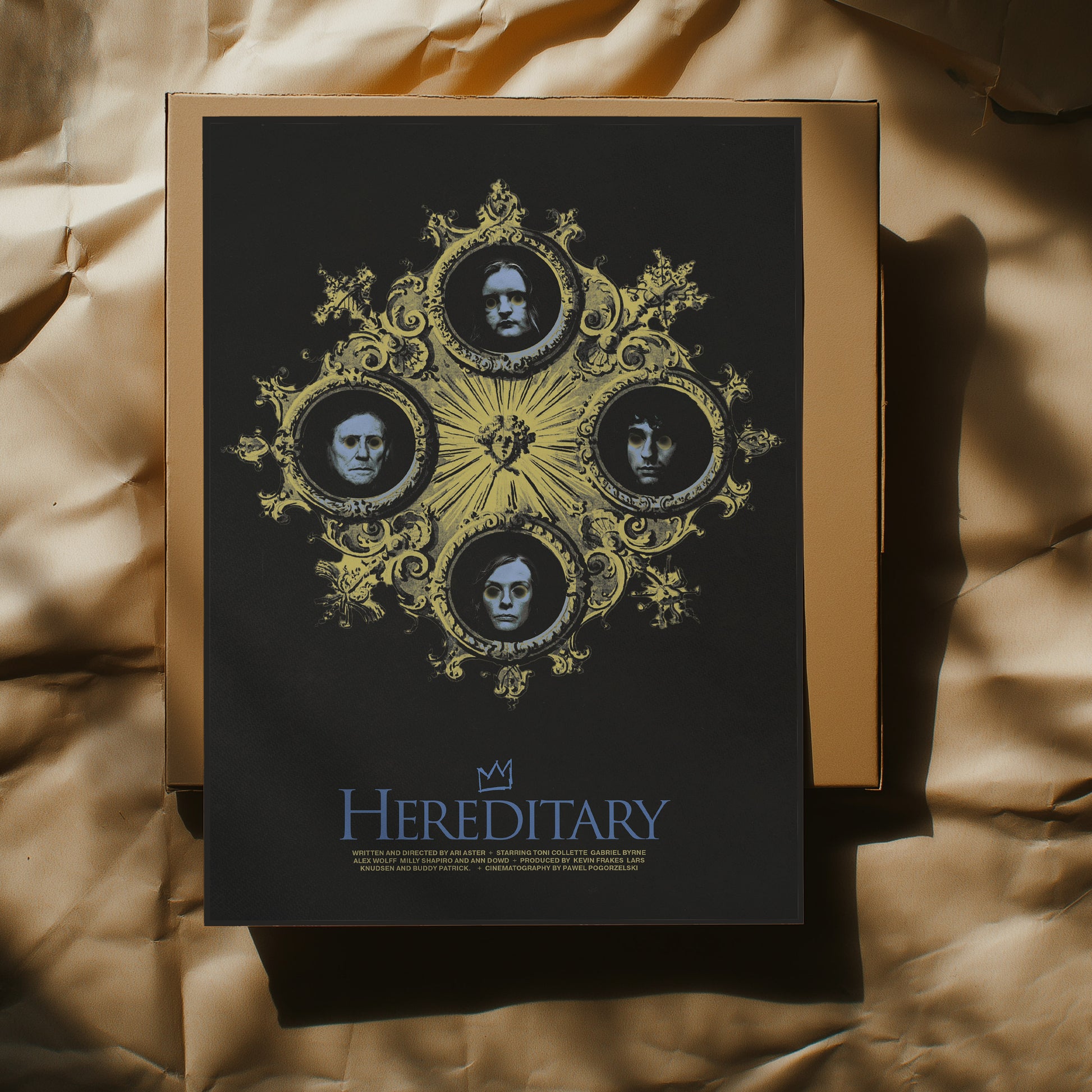 Movie poster for 'Hereditary' with decorative design on a textured surface