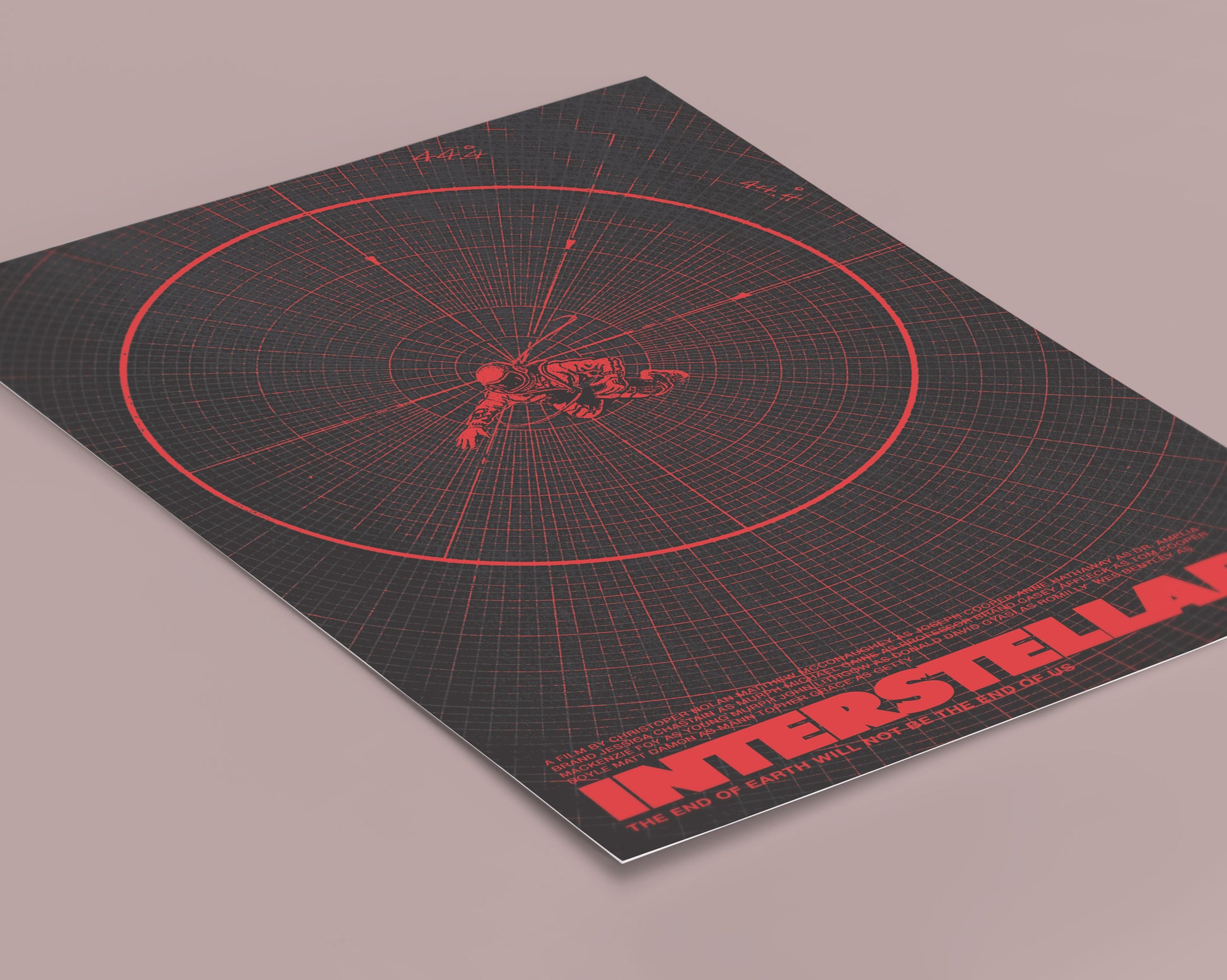Futuristic map with red grid lines and 'Interstellar' branding on a gray background