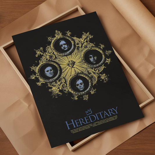 Movie poster for 'Hereditary' with decorative design on a beige surface