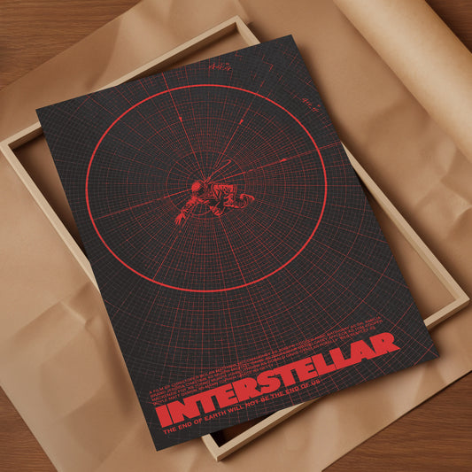Poster of 'Interstellar' with red design on a dark background, placed in an open box.