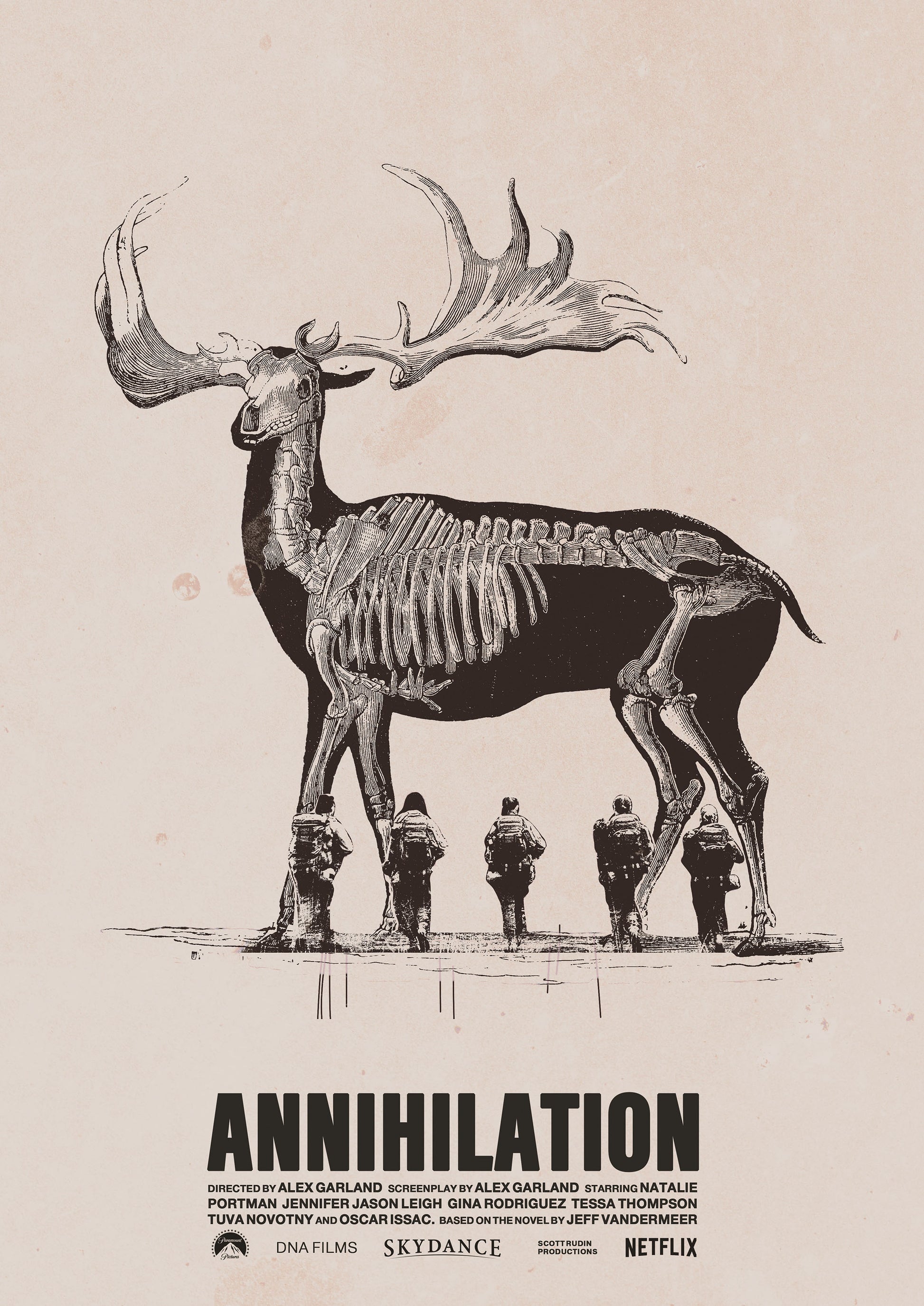 Movie poster for 'Annihilation' featuring a deer skeleton and four figures.