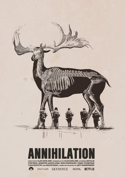 Movie poster for 'Annihilation' featuring a deer skeleton and four figures.