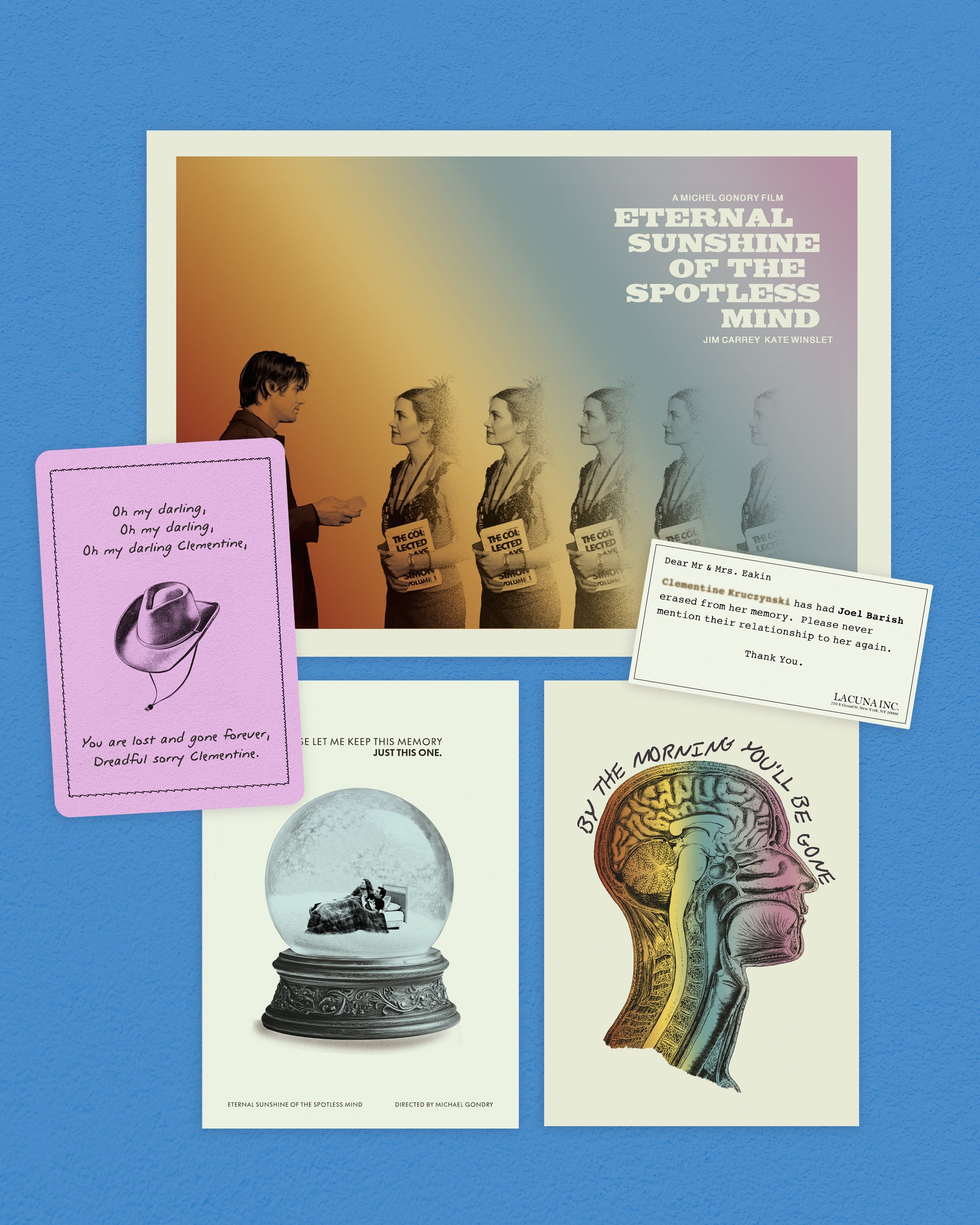 Collection of movie posters and memorabilia for 'Eternal Sunshine of the Spotless Mind' on a blue background.