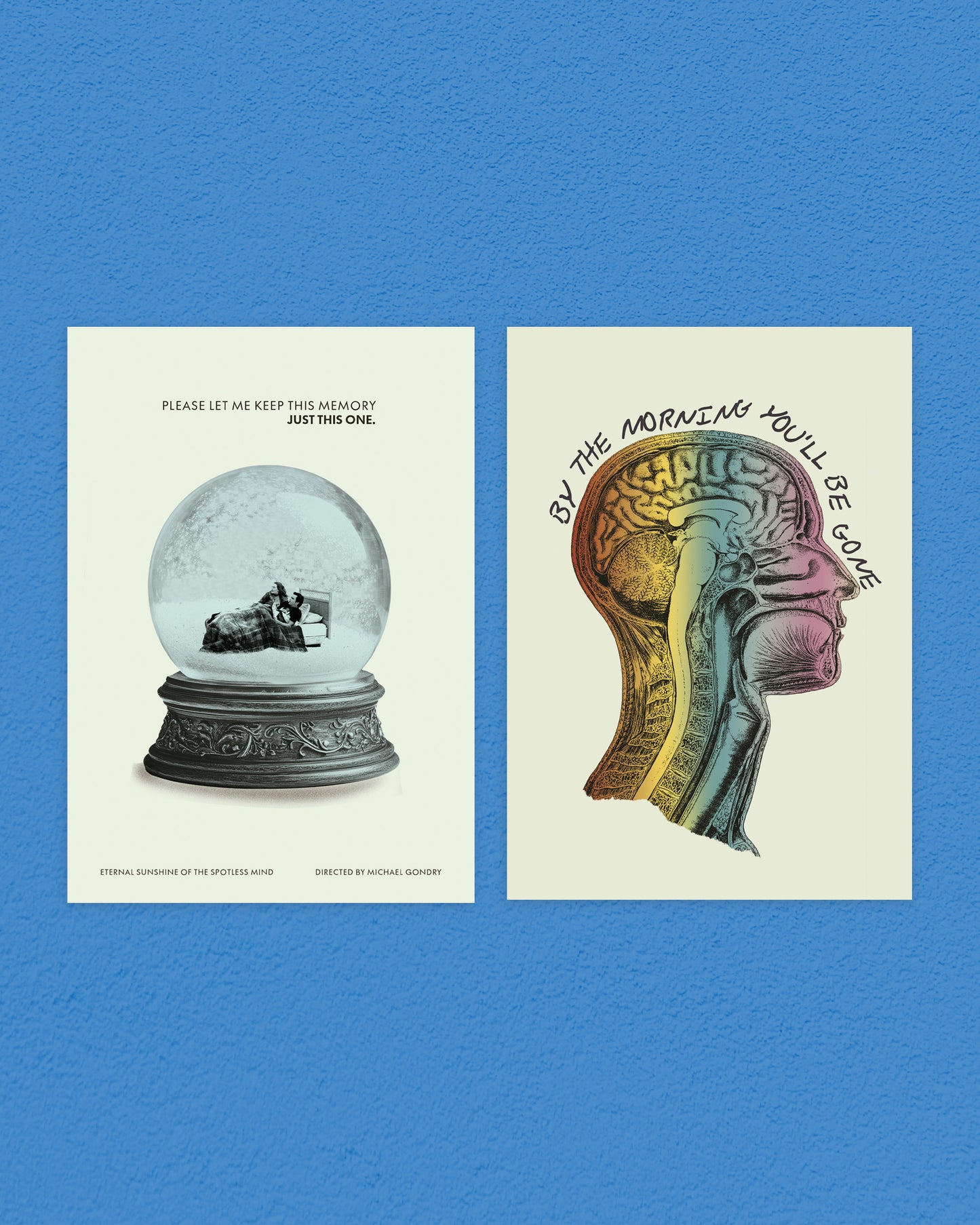 Two artistic prints on a blue background, one with a snow globe and text, the other with a colorful brain illustration.