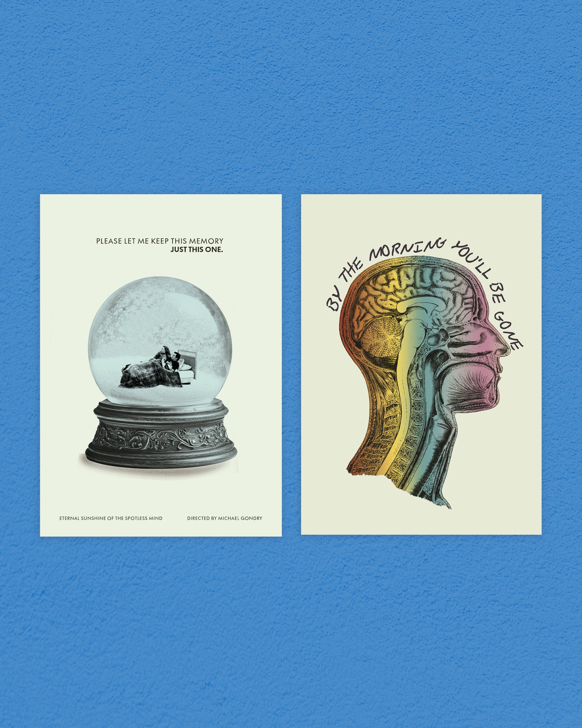 Two artistic prints on a blue background, one with a snow globe and text, the other with a colorful brain illustration.