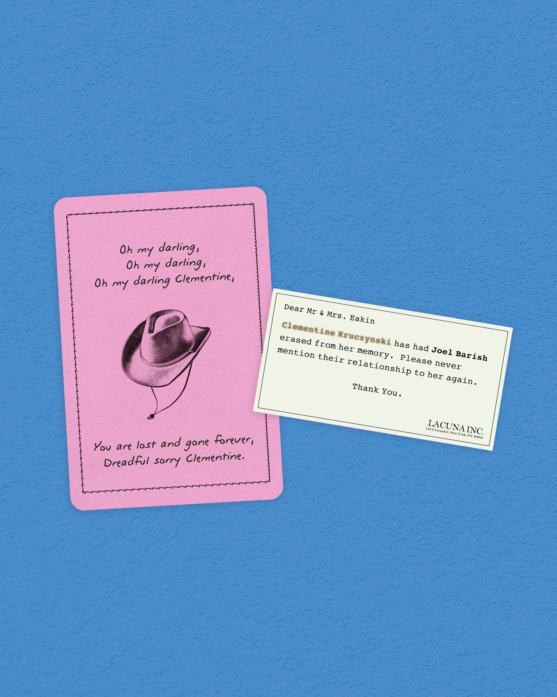 Two cards on a blue background, one pink with text and a hat illustration, the other white with black text.