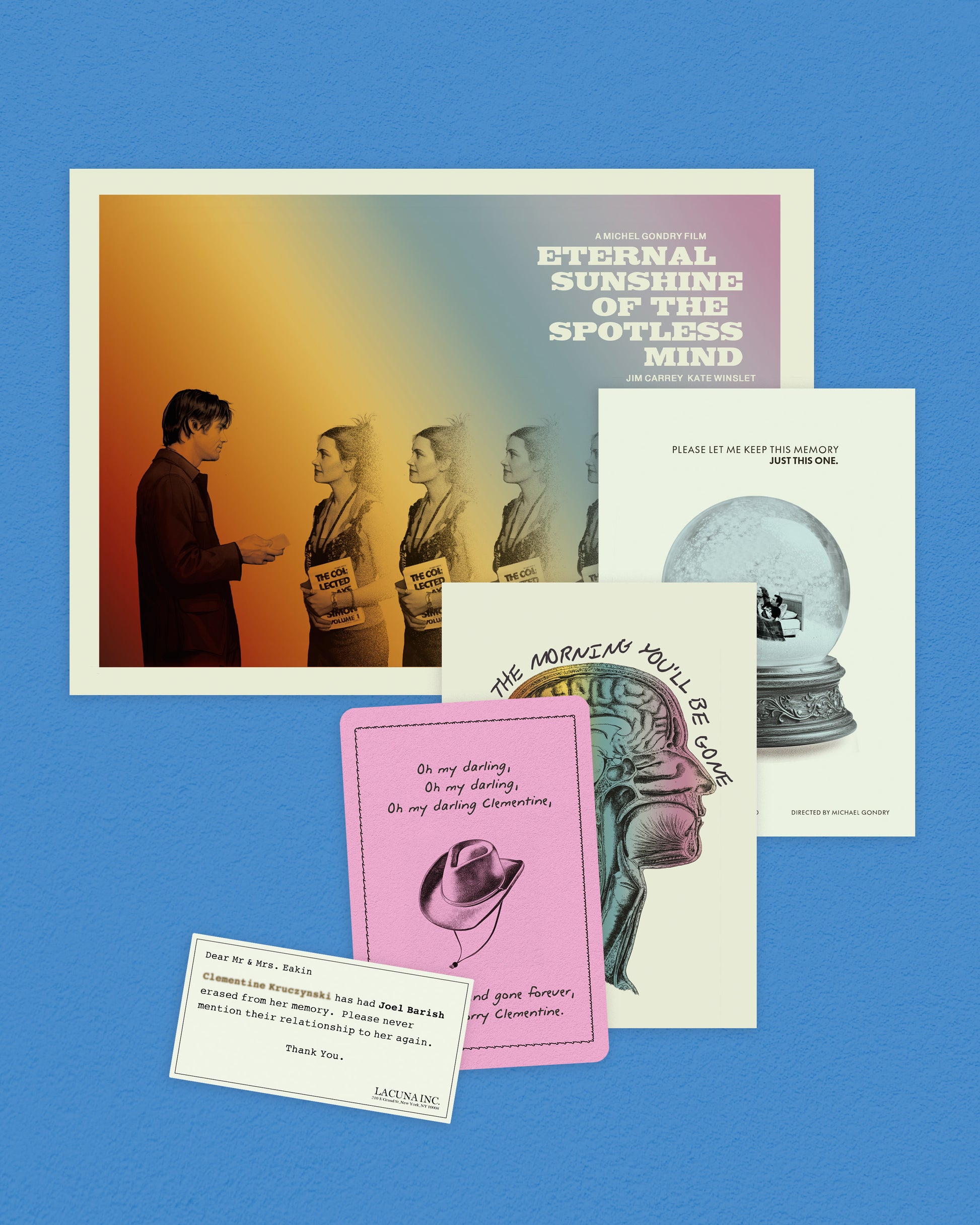 Collection of movie posters and memorabilia on a blue background